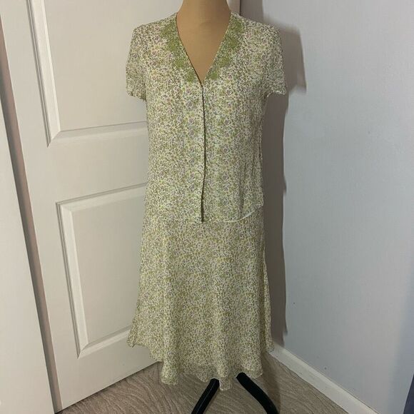 Kate Hill Silk Summer Green Floral Top and Skirt Set 12 - Picture 1 of 5